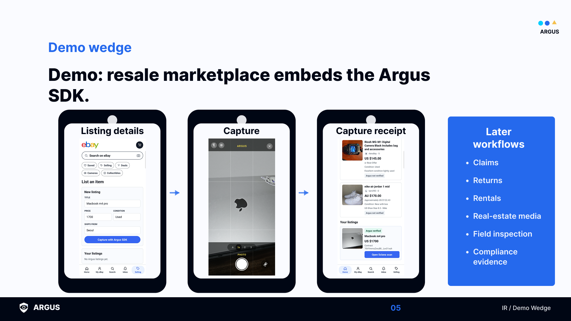 ARGUS marketplace demo wedge showing listing flow and proof receipt